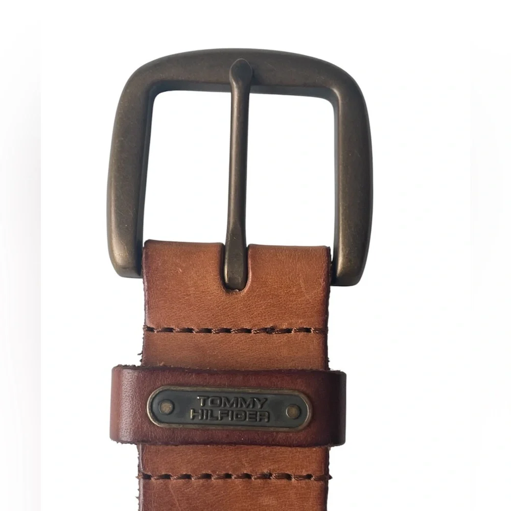 Vintage Tommy Hilfiger Brown Leather Belt Brass Logo Buckle Made in USA Mens 42